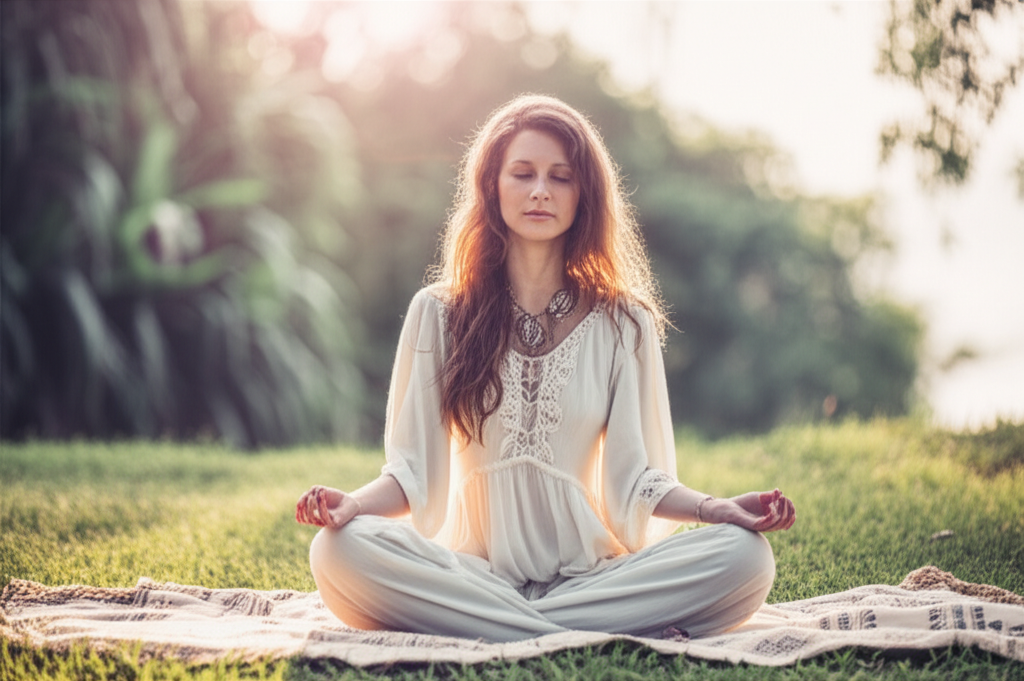 Rae meditating outdoors in a serene boho setting